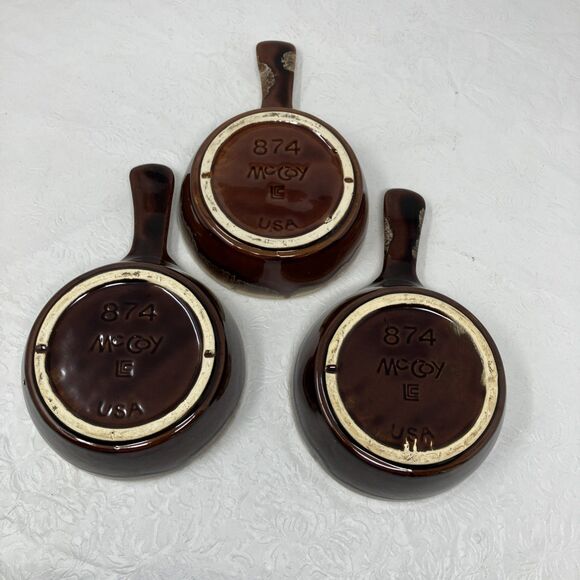 VTG McCoy 874 Brown Pottery Drip Glaze Soup Chili Bowl w/ Handle Set of 3 - Picture 5 of 15